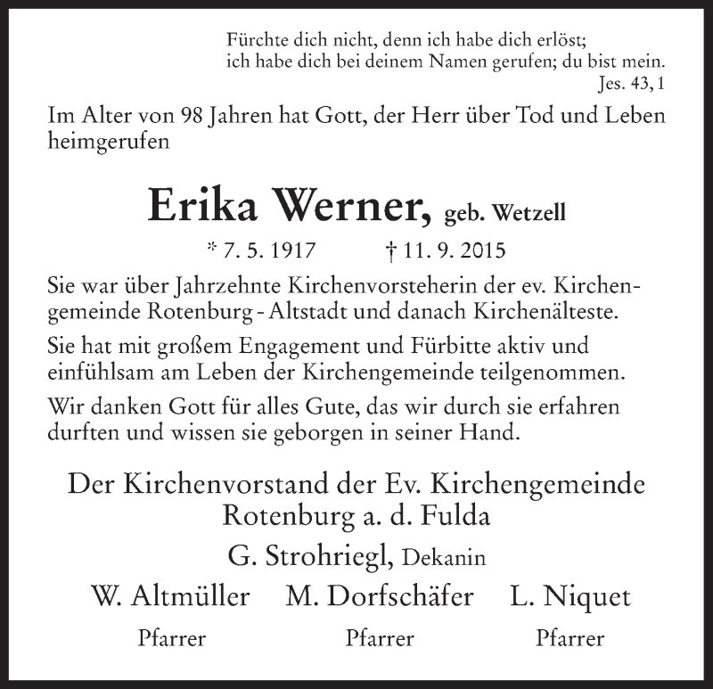 Traueranzeigen von Erika Werner | Trauer.HNA.de