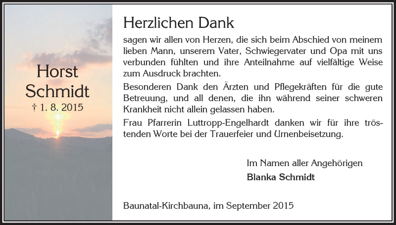  Traueranzeige für Horst Schmidt vom 05.09.2015 aus HNA