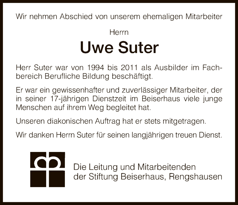  Traueranzeige für Uwe Suter vom 29.01.2016 aus HNA