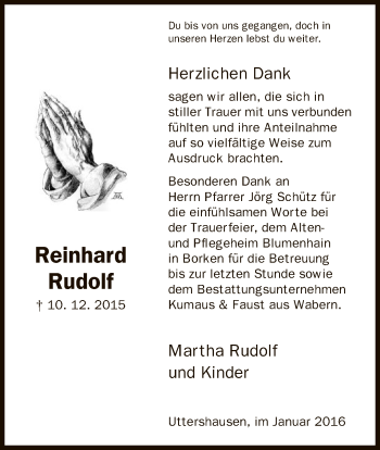 Traueranzeige von Reinhard Rudolf von HNA