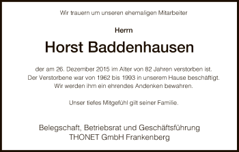 Traueranzeige von Horst Baddenhausen von HNA