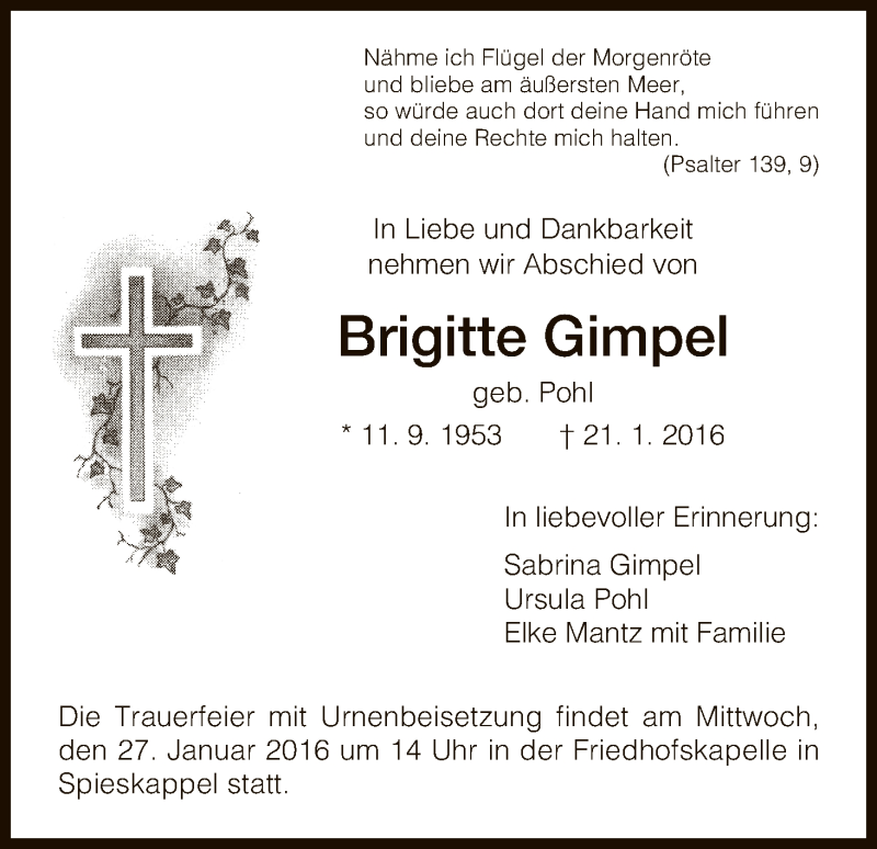  Traueranzeige für Brigitte Gimpel vom 25.01.2016 aus HNA