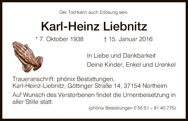  Traueranzeige für Karl-Heinz Liebnitz vom 20.01.2016 aus HNA
