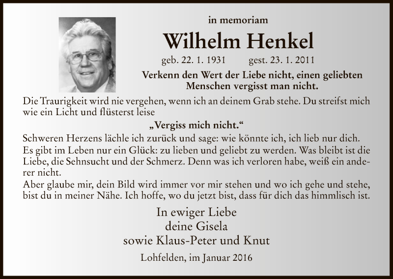  Traueranzeige für Wilhelm Henkel vom 22.01.2016 aus HNA
