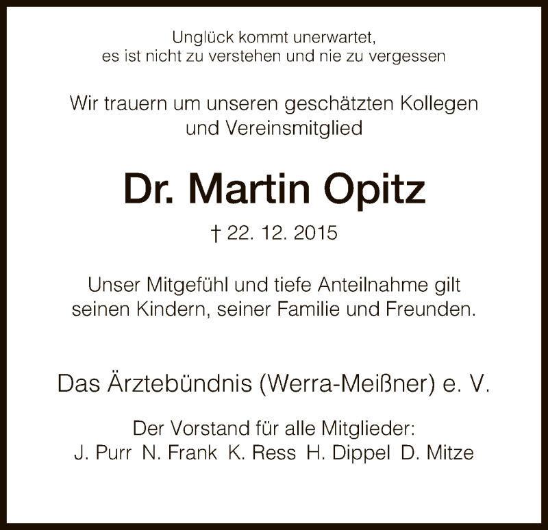  Traueranzeige für Martin Opitz vom 07.01.2016 aus HNA