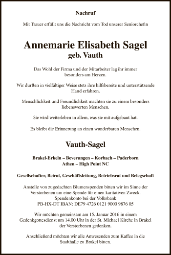 Traueranzeige von Annemarie Elisabeth Sagel von HNA