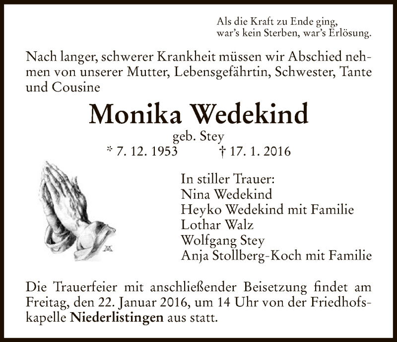  Traueranzeige für Monika Wedekind vom 20.01.2016 aus HNA
