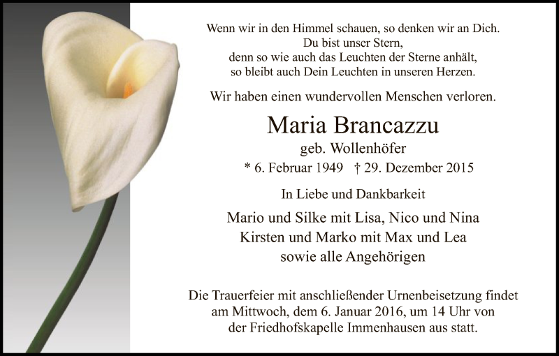  Traueranzeige für Maria Brancazzu vom 02.01.2016 aus HNA