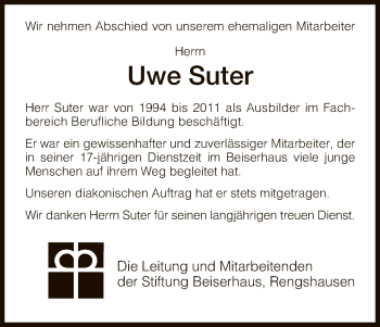 Traueranzeige von Uwe Suter von HNA