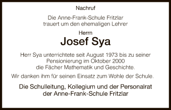 Traueranzeige von Josef Sya von HNA