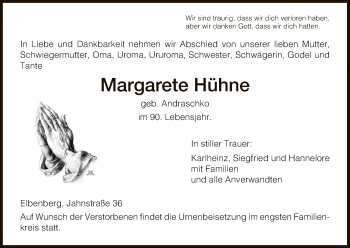 Traueranzeige von Margarete Hühne von HNA