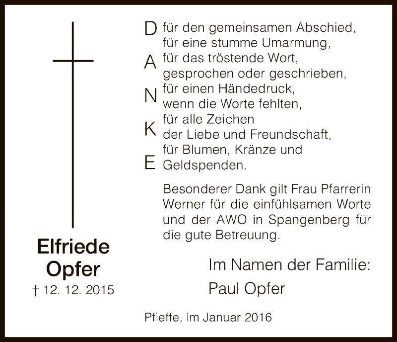  Traueranzeige für Elfriede Opfer vom 16.01.2016 aus HNA