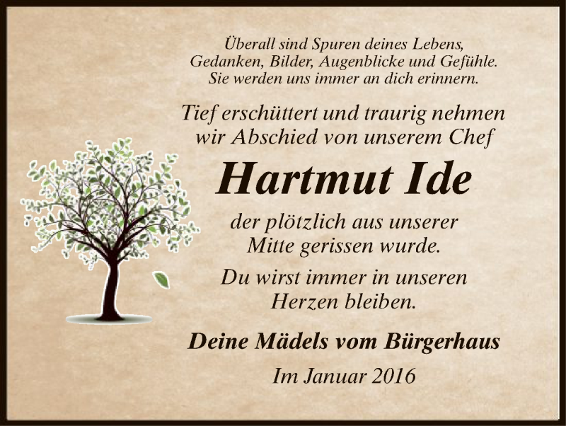  Traueranzeige für Hartmut Ide vom 20.01.2016 aus HNA