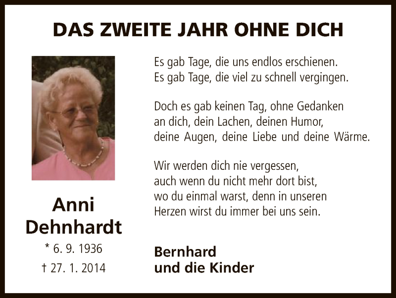  Traueranzeige für Anni Dehnhardt vom 27.01.2016 aus HNA