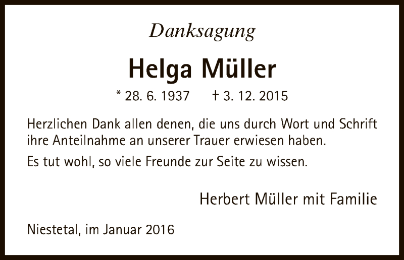  Traueranzeige für Helga Müller vom 07.01.2016 aus HNA