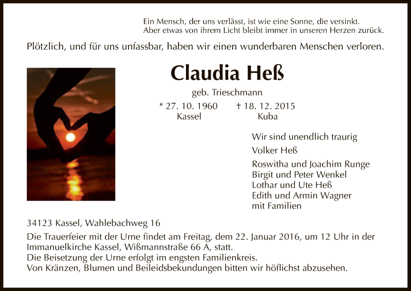  Traueranzeige für Claudia Heß vom 16.01.2016 aus HNA