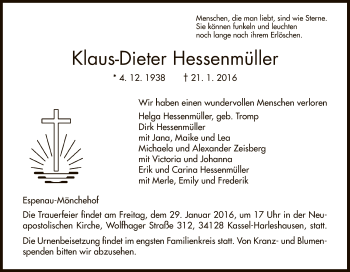 Traueranzeige von Klaus-Dieter Hessenmüller von HNA