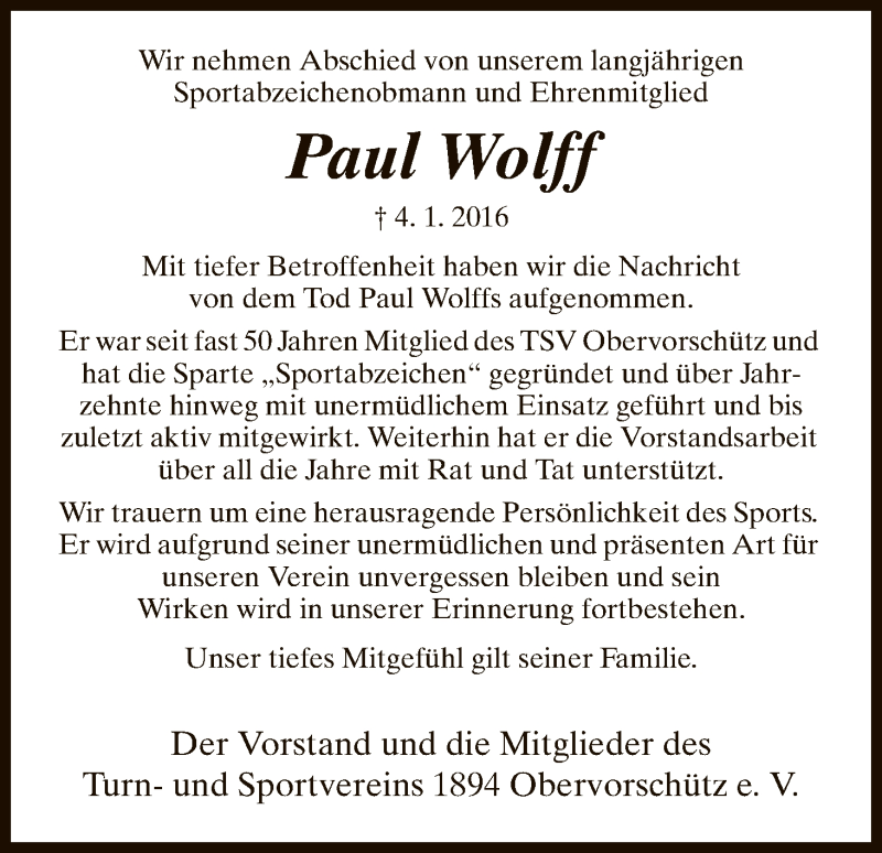  Traueranzeige für Paul Wolff vom 12.01.2016 aus HNA