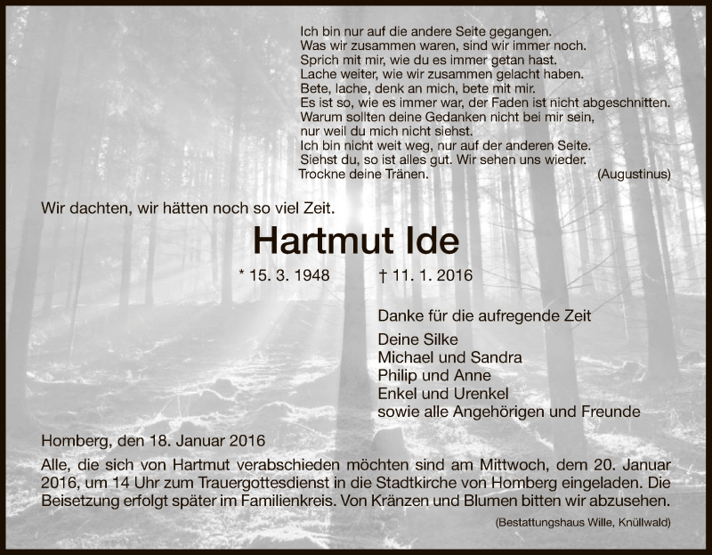  Traueranzeige für Hartmut Ide vom 18.01.2016 aus HNA