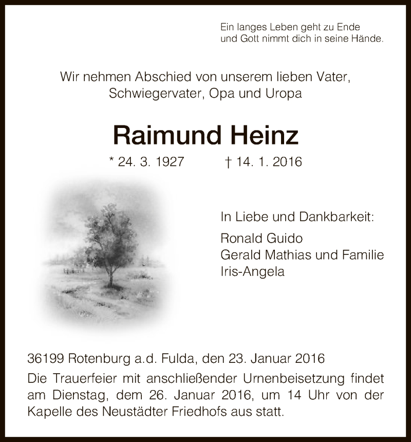  Traueranzeige für Raimund Heinz vom 23.01.2016 aus HNA