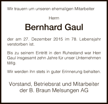 Traueranzeige von Bernhard Gaul von HNA