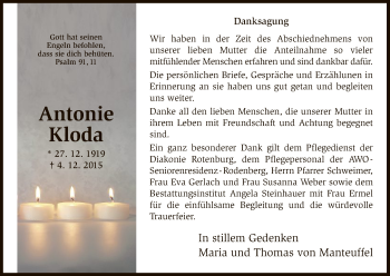 Traueranzeige von Antonie Kloda von HNA