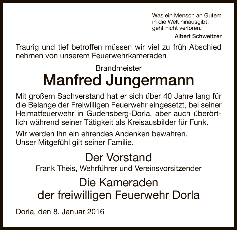  Traueranzeige für Manfred Jungermann vom 08.01.2016 aus HNA