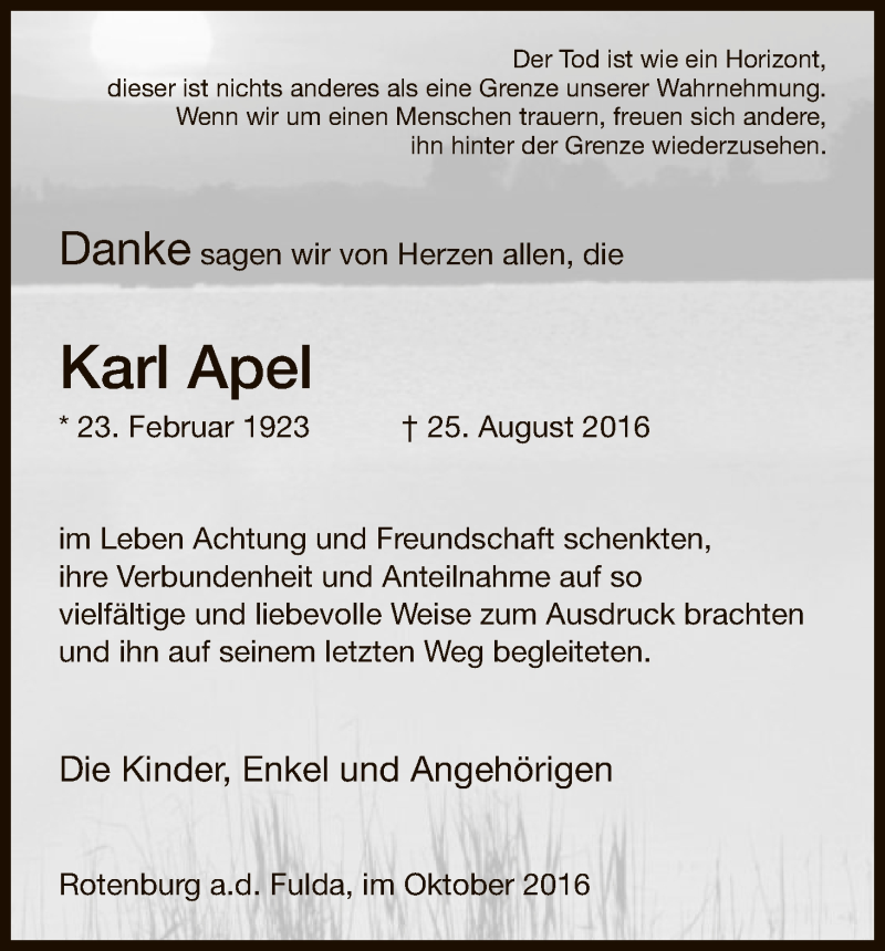  Traueranzeige für Karl Apel vom 29.10.2016 aus HNA