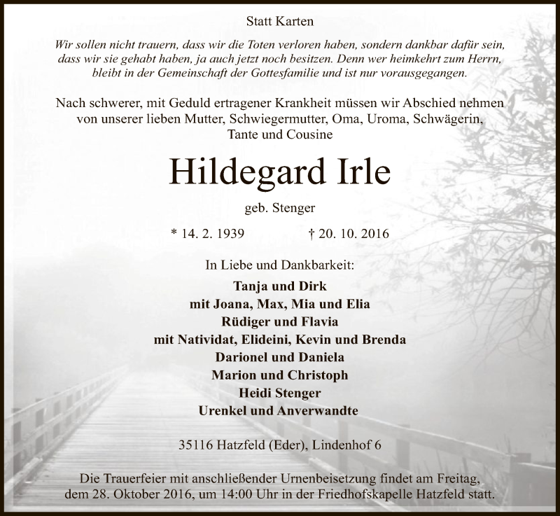 Traueranzeige für Hildegard Irle vom 22.10.2016 aus HNA