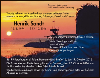Traueranzeige von Henrik Sandt von HNA
