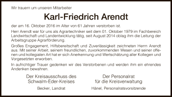 Traueranzeige von Karl-Friedrich Arendt von HNA