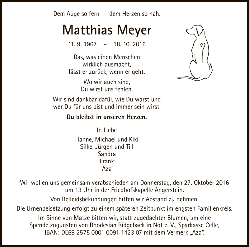  Traueranzeige für Matthias Meyer vom 25.10.2016 aus HNA