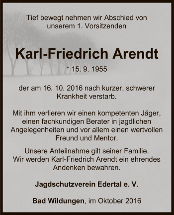 Traueranzeige von Karl-Friedrich Arendt von HNA