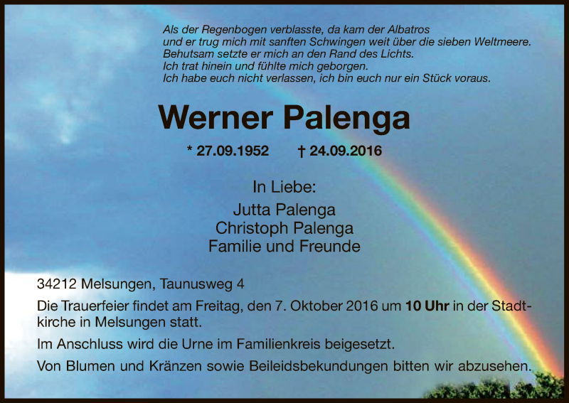  Traueranzeige für Werner Palenga vom 05.10.2016 aus HNA