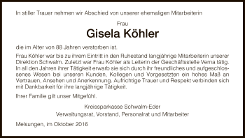 Traueranzeige von Gisela Köhler von HNA