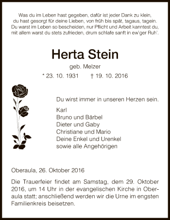 Traueranzeige von Herta Stein von HNA