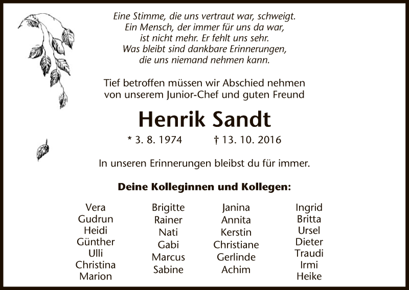  Traueranzeige für Henrik Sandt vom 22.10.2016 aus HNA