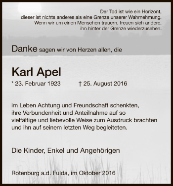 Traueranzeige von Karl Apel von HNA