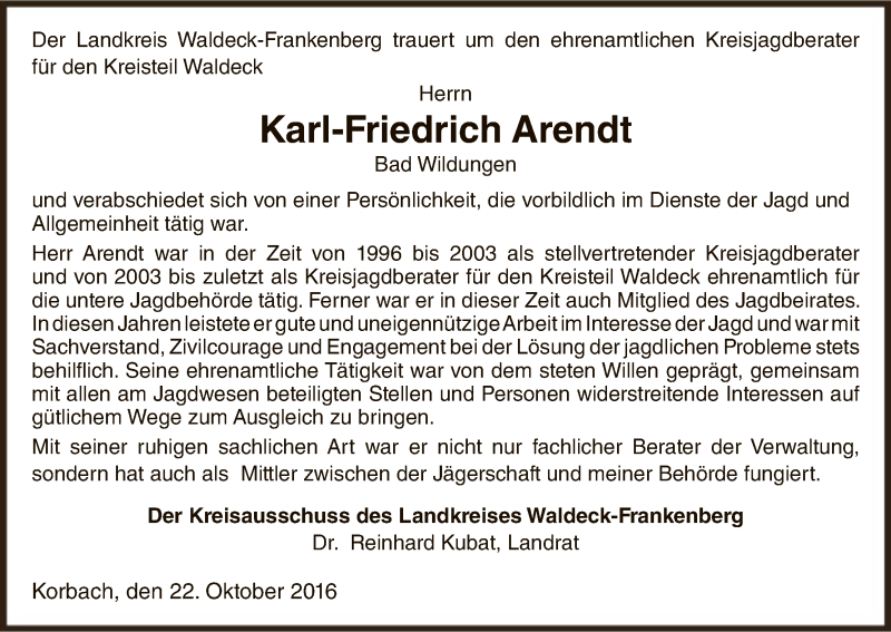  Traueranzeige für Karl-Friedrich Arendt vom 22.10.2016 aus HNA