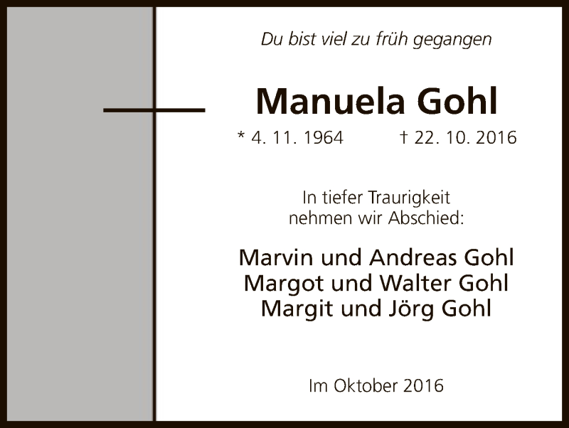 Traueranzeige für Manuela Gohl vom 26.10.2016 aus HNA