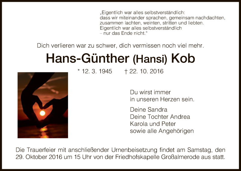  Traueranzeige für Hans-Günther Kob vom 26.10.2016 aus HNA