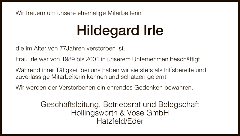  Traueranzeige für Hildegard Irle vom 26.10.2016 aus HNA