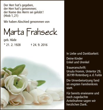 Traueranzeige von Marta Frahseck von HNA