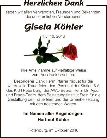 Traueranzeige von Gisela Köhler von HNA