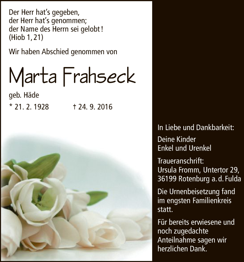  Traueranzeige für Marta Frahseck vom 08.10.2016 aus HNA