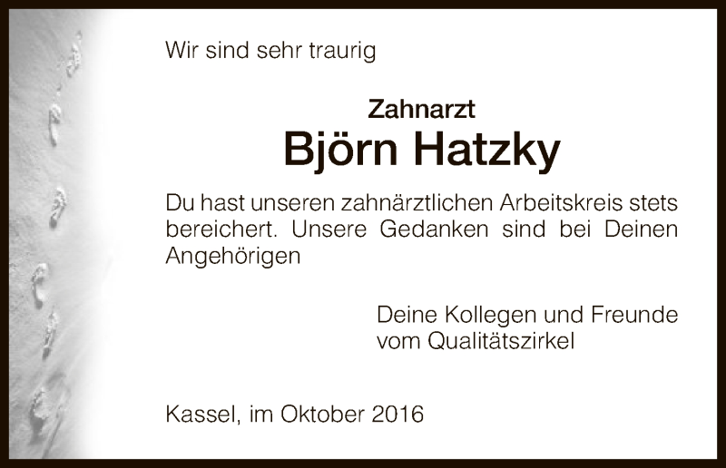  Traueranzeige für Björn Hatzky vom 12.10.2016 aus HNA