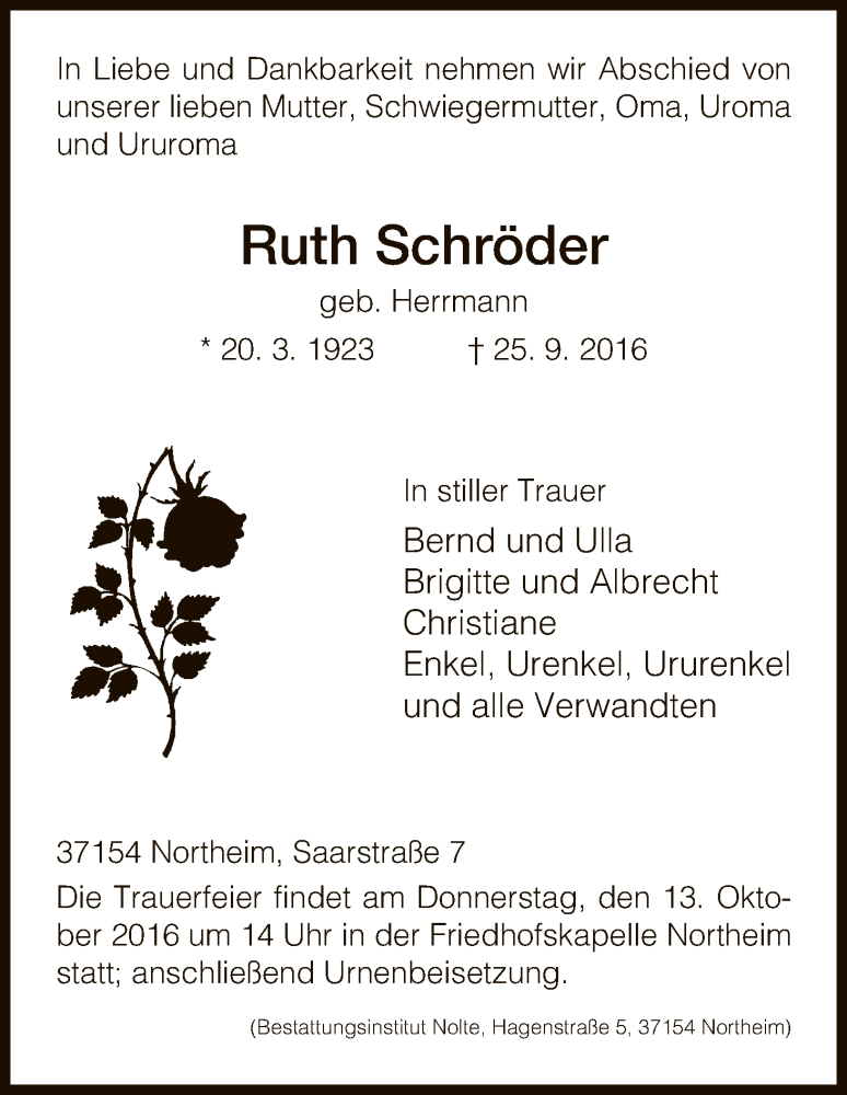  Traueranzeige für Ruth Schröder vom 08.10.2016 aus HNA