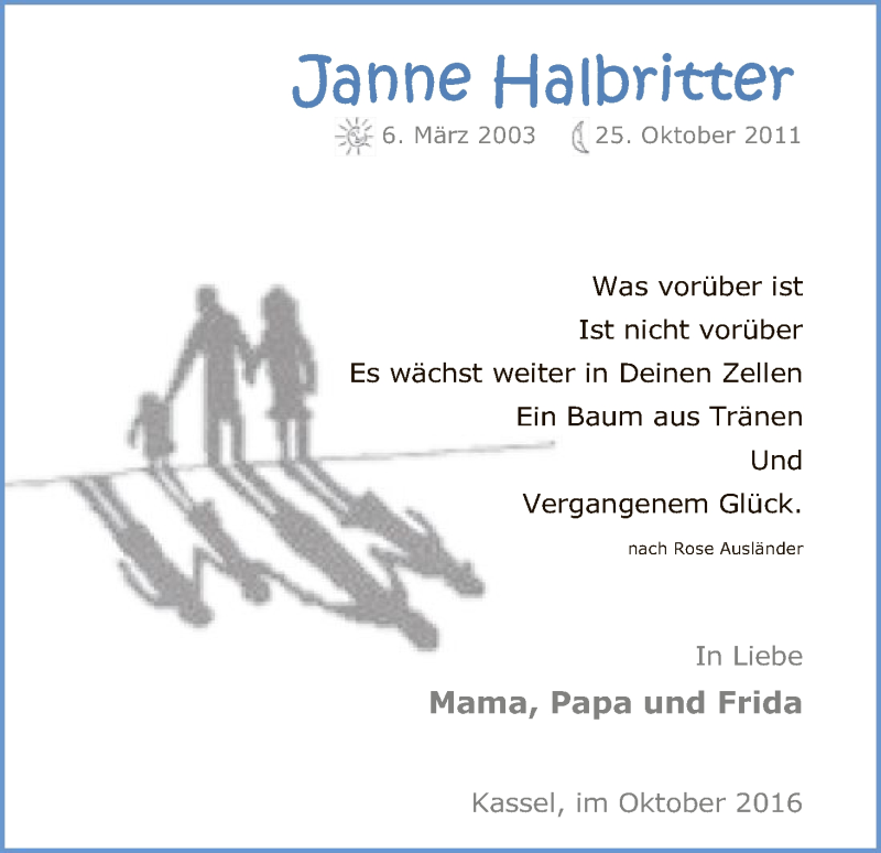  Traueranzeige für Janne Halbritter vom 25.10.2016 aus HNA