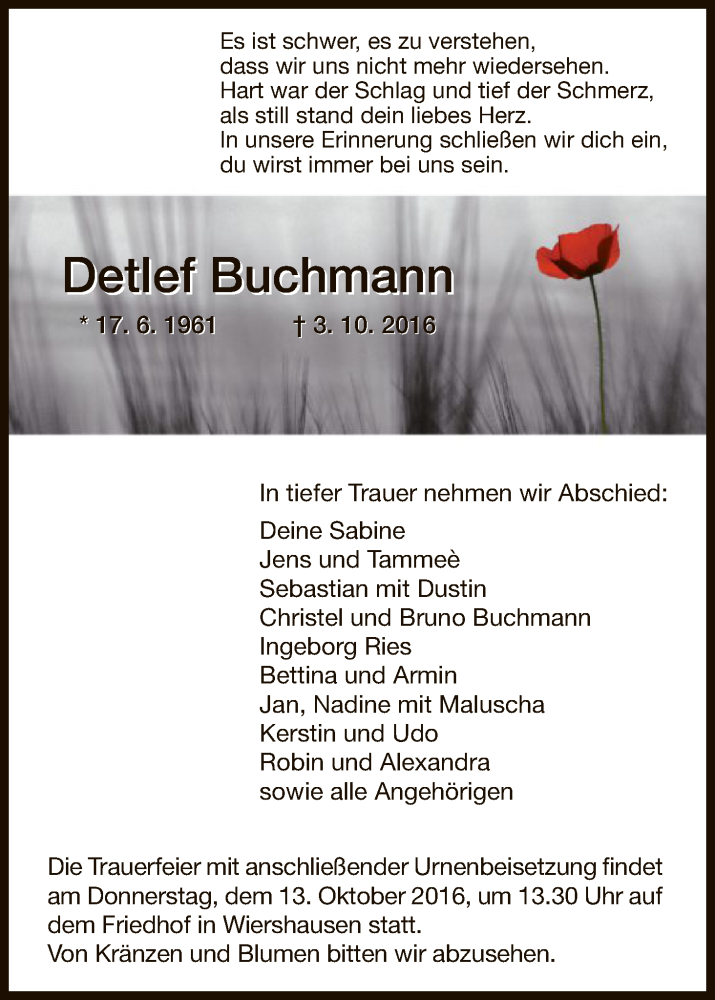  Traueranzeige für Detlef Buchmann vom 08.10.2016 aus HNA