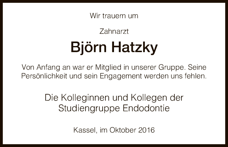  Traueranzeige für Björn Hatzky vom 12.10.2016 aus HNA